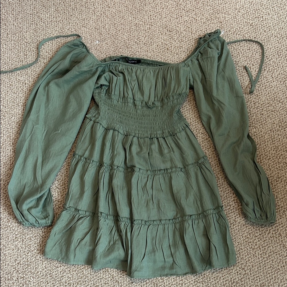 Olive Green Smocked Peasant Mini Dress